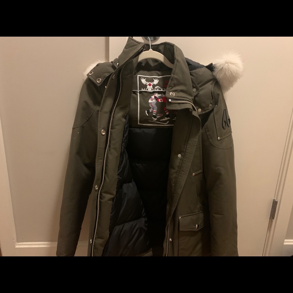 Moose Knuckle Olive Jacket with White Fur - Small